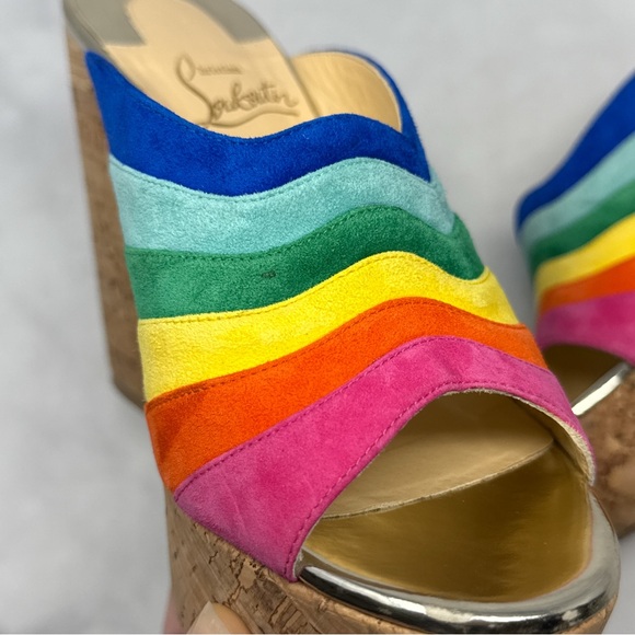 Christian Louboutin O Sister Suede Rainbow Wave Platform Cork Block Heel Mule 37 - Picture 8 of 16
